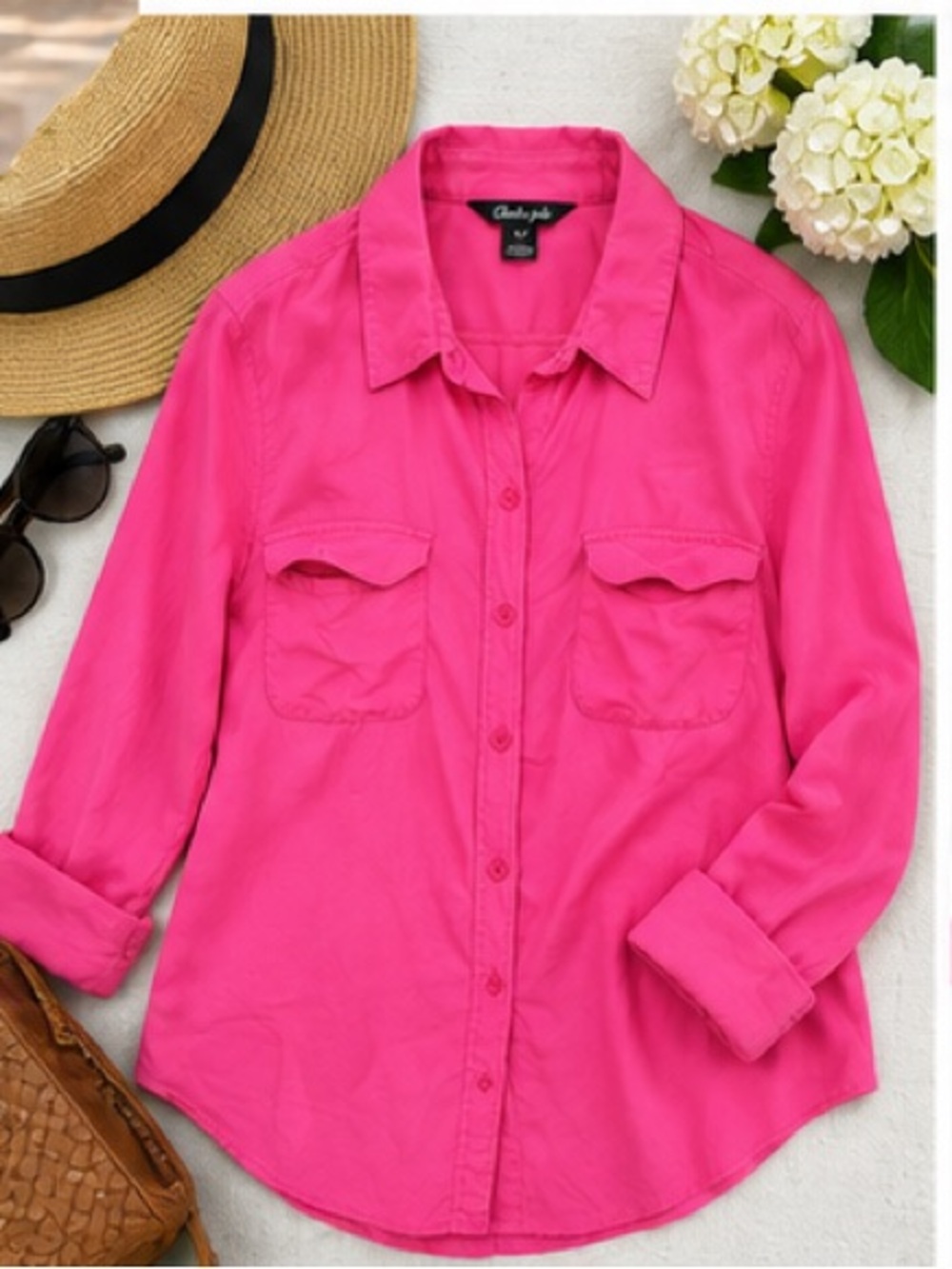 Charlie Jade 100% Silk Hot Pink Utility Button Down Shirt Blouse S - Picture 2 of 7